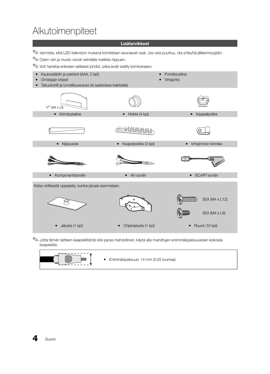 Samsung UE55C6005RWXXE, UE37C6005RWXXE, UE40C6005RWXXE Alkutoimenpiteet, Lisätarvikkeet, Yy Kiinnitysteline Yy Holkki 4 kpl 