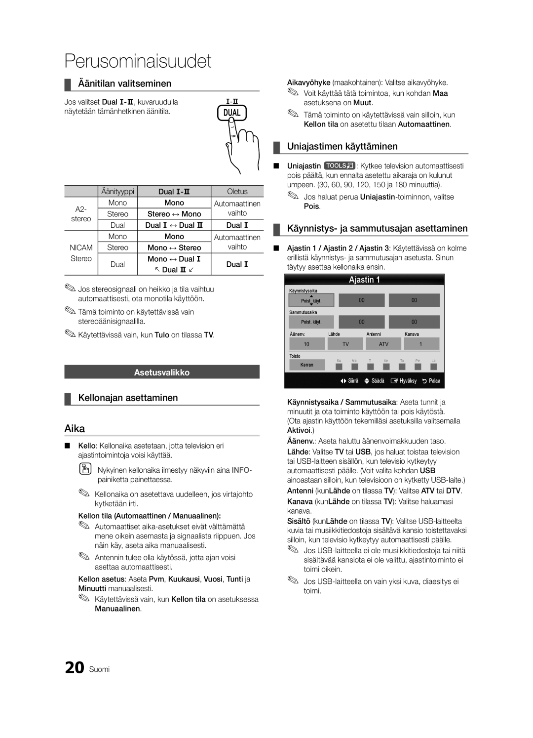 Samsung UE37C6005RWXXE, UE55C6005RWXXE manual Aika, Äänitilan valitseminen, Kellonajan asettaminen, Uniajastimen käyttäminen 