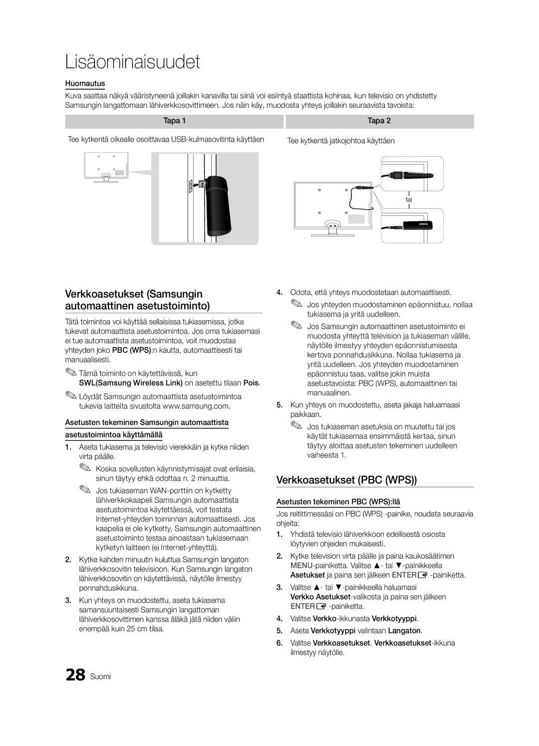 Samsung UE46C6005RWXXE, UE55C6005RWXXE Verkkoasetukset Samsungin automaattinen asetustoiminto, Verkkoasetukset PBC WPS 