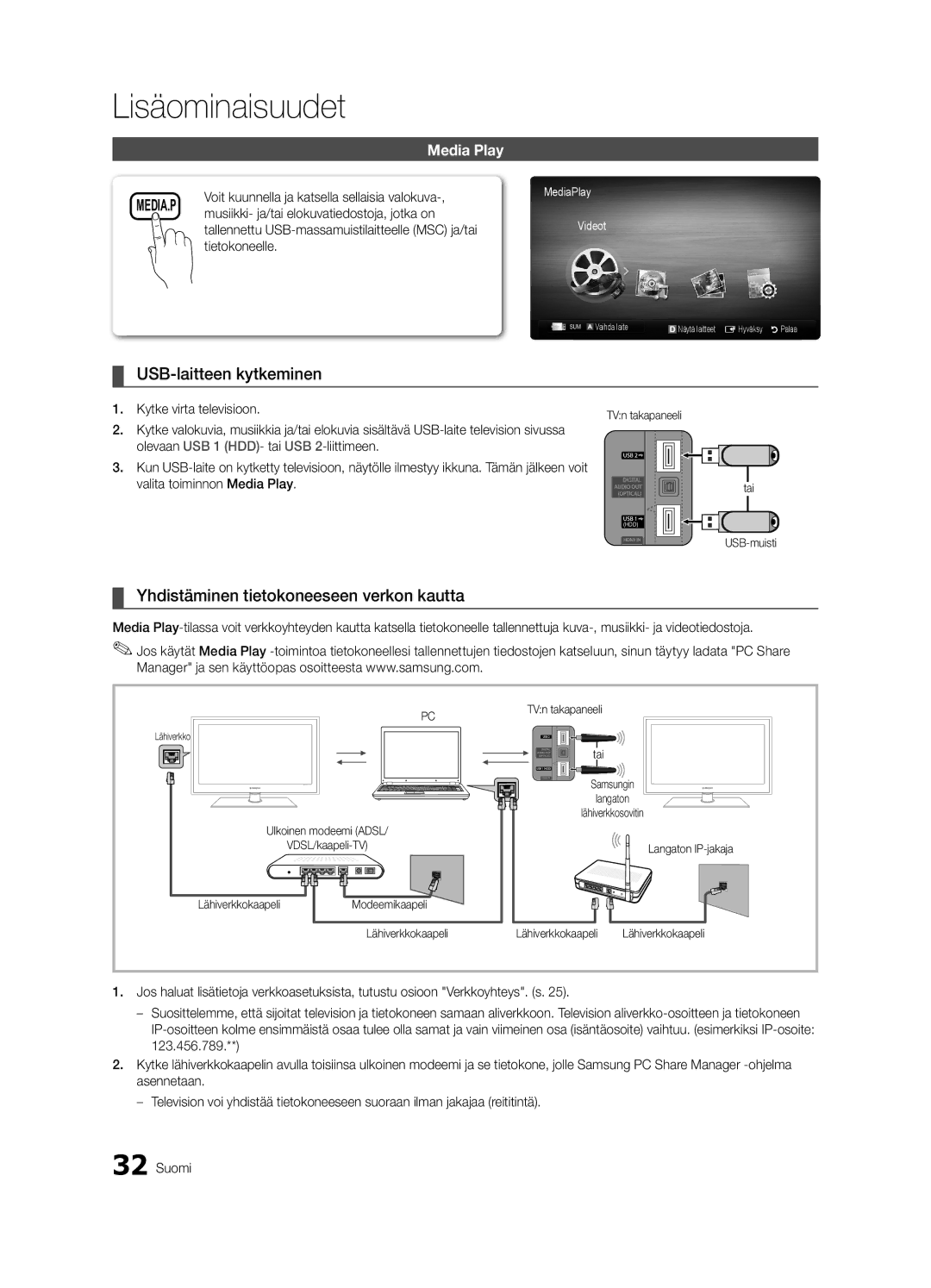 Samsung UE32C6005RWXXE, UE55C6005RWXXE USB-laitteen kytkeminen, Yhdistäminen tietokoneeseen verkon kautta, Tietokoneelle 