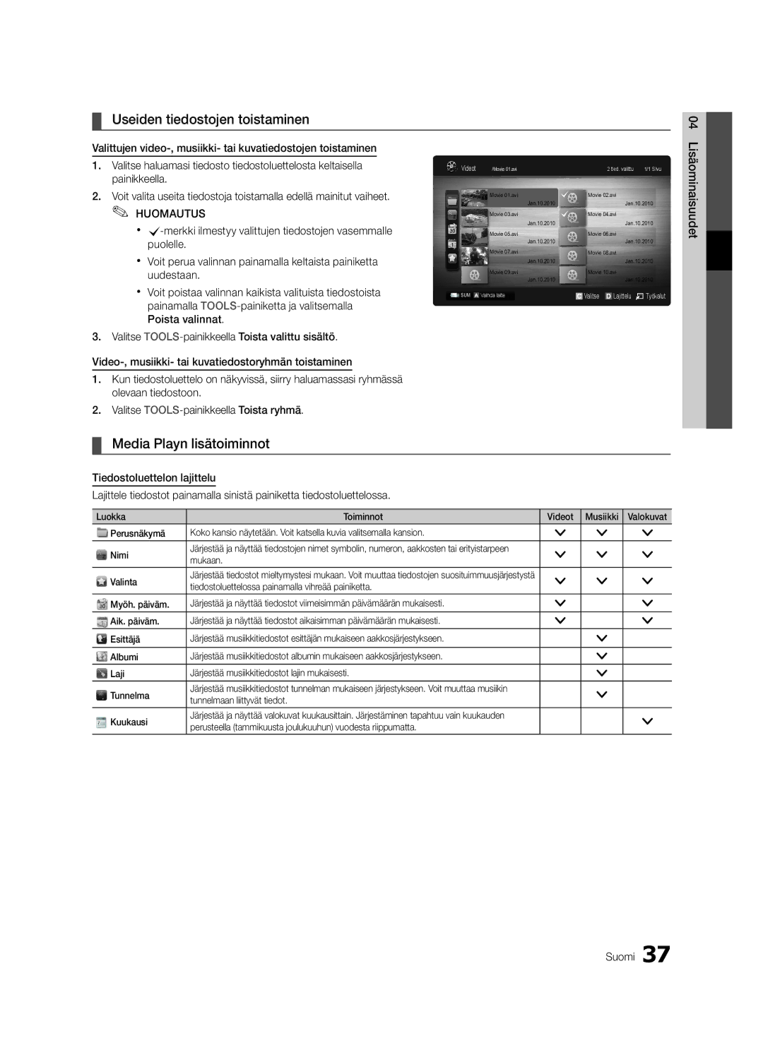 Samsung UE32C6005RWXXE, UE55C6005RWXXE manual Useiden tiedostojen toistaminen, Media Playn lisätoiminnot, Lisäominaisuudet 