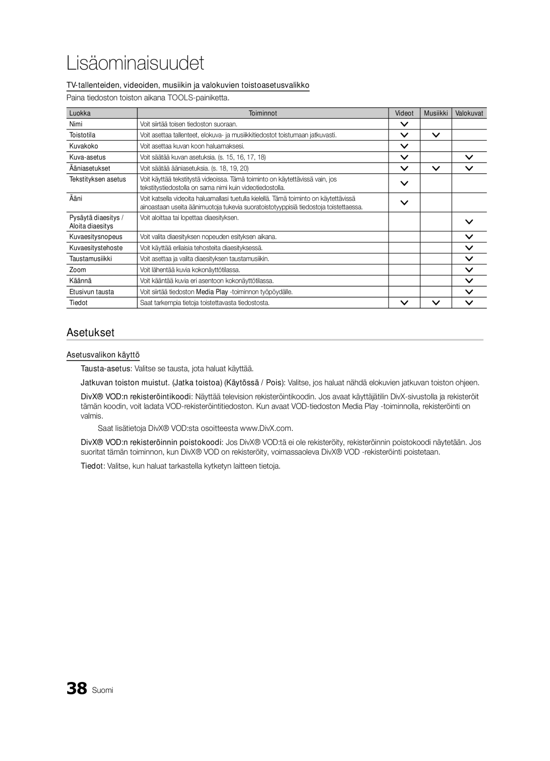 Samsung UE46C6005RWXXE, UE55C6005RWXXE, UE37C6005RWXXE, UE40C6005RWXXE, UE32C6005RWXXE manual Asetukset 