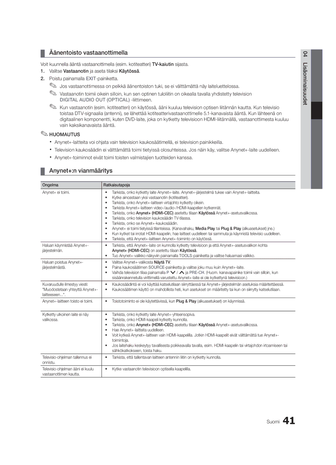 Samsung UE40C6005RWXXE, UE55C6005RWXXE, UE37C6005RWXXE, UE32C6005RWXXE Äänentoisto vastaanottimella, Anynet+n vianmääritys 