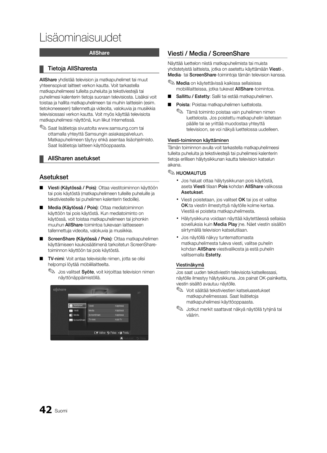 Samsung UE32C6005RWXXE, UE55C6005RWXXE manual Viesti / Media / ScreenShare, Tietoja AllSharesta, AllSharen asetukset 