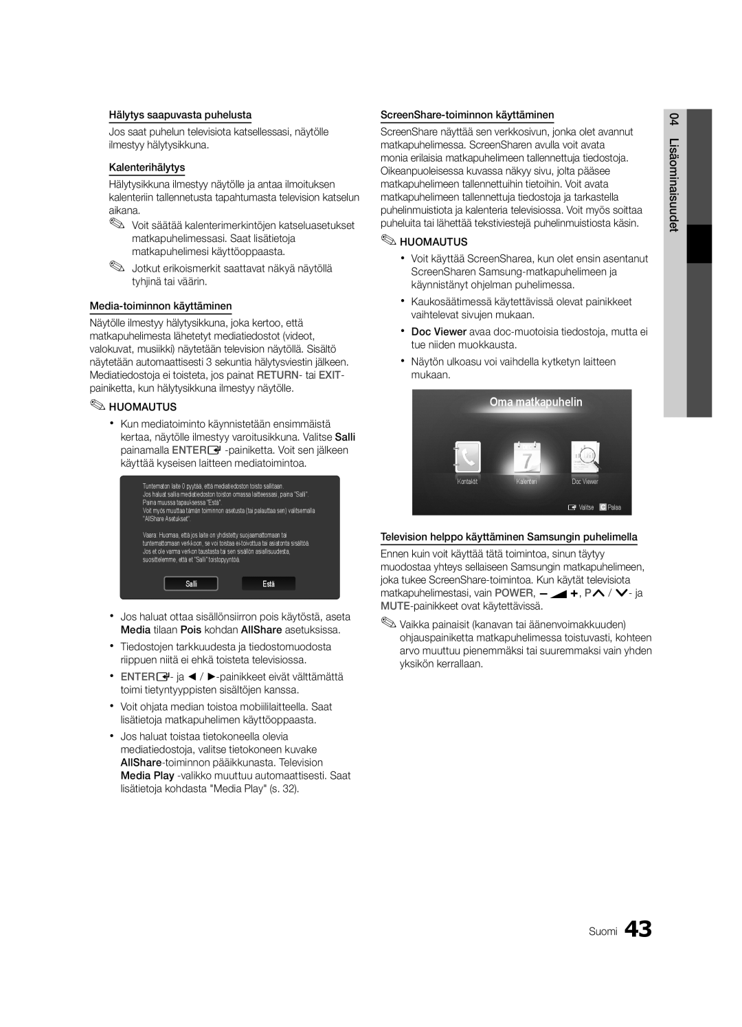 Samsung UE46C6005RWXXE, UE55C6005RWXXE manual Oma matkapuhelin, Television helppo käyttäminen Samsungin puhelimella 