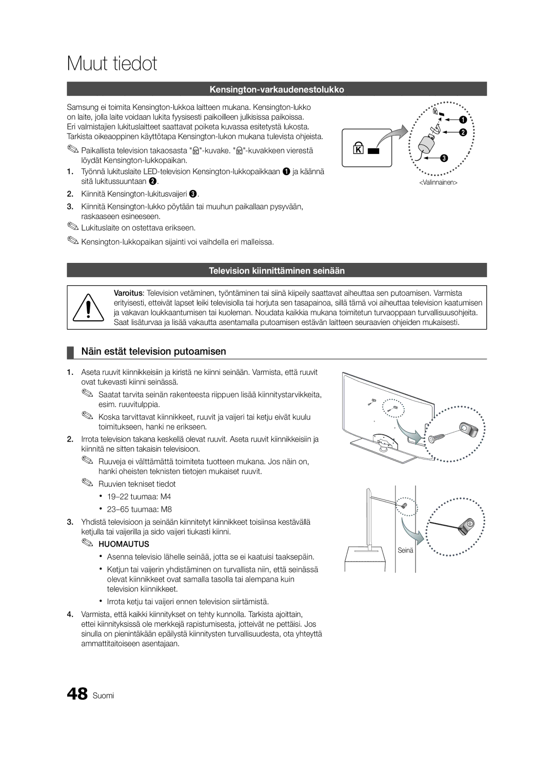 Samsung UE46C6005RWXXE Näin estät television putoamisen, Kensington-varkaudenestolukko, Television kiinnittäminen seinään 