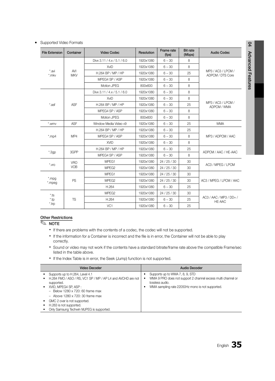 Samsung UE55C6005RWXXE, UE37C6005RWXXE, UE40C6005RWXXE, UE32C6005RWXXE, UE46C6005RWXXE manual Yy Supported Video Formats 