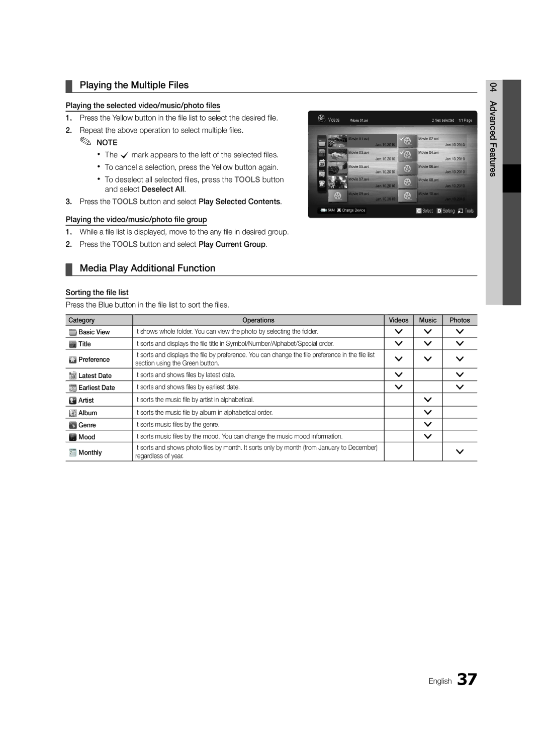 Samsung UE40C6005RWXXE manual Playing the Multiple Files, Media Play Additional Function, Advanced, Regardless of year 