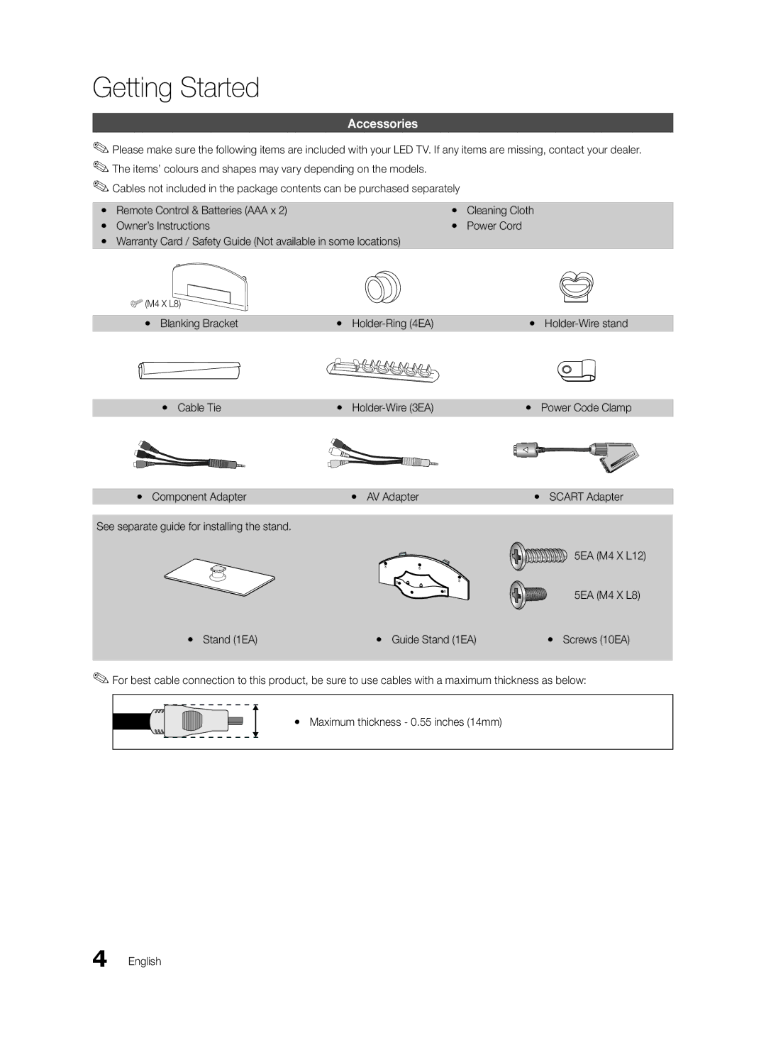 Samsung UE46C6005RWXXE manual Getting Started, Accessories, Yy Blanking Bracket, Yy Cable Tie, Yy Component Adapter 