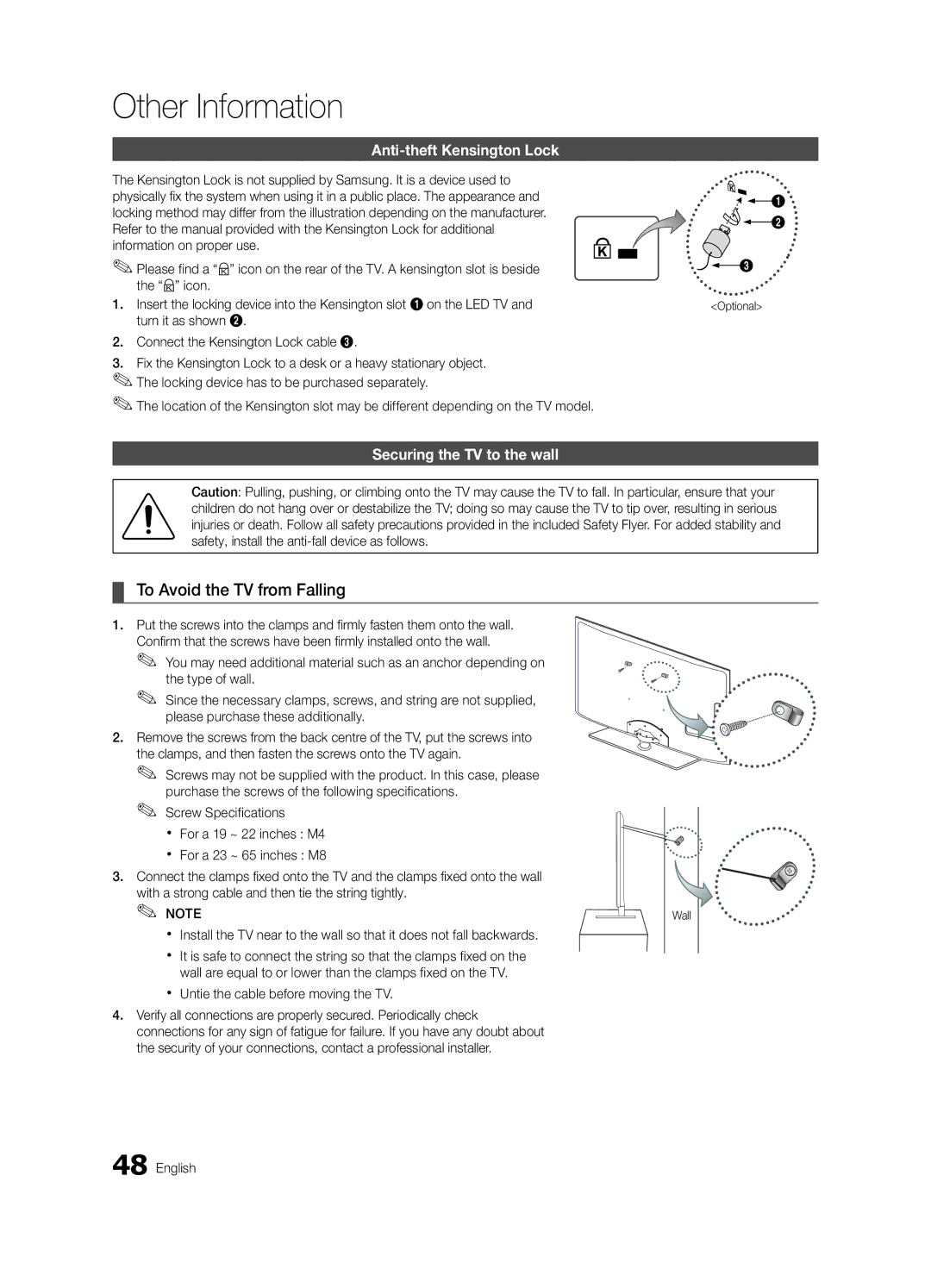 Samsung UE32C6005RWXXE manual To Avoid the TV from Falling, Anti-theft Kensington Lock, Securing the TV to the wall 