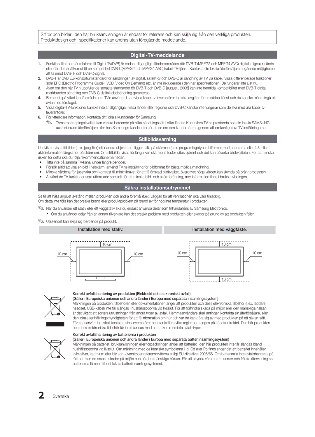 Samsung UE37C6005RWXXE, UE55C6005RWXXE, UE40C6005RWXXE manual Installation med stativ Installation med väggfäste, Svenska 