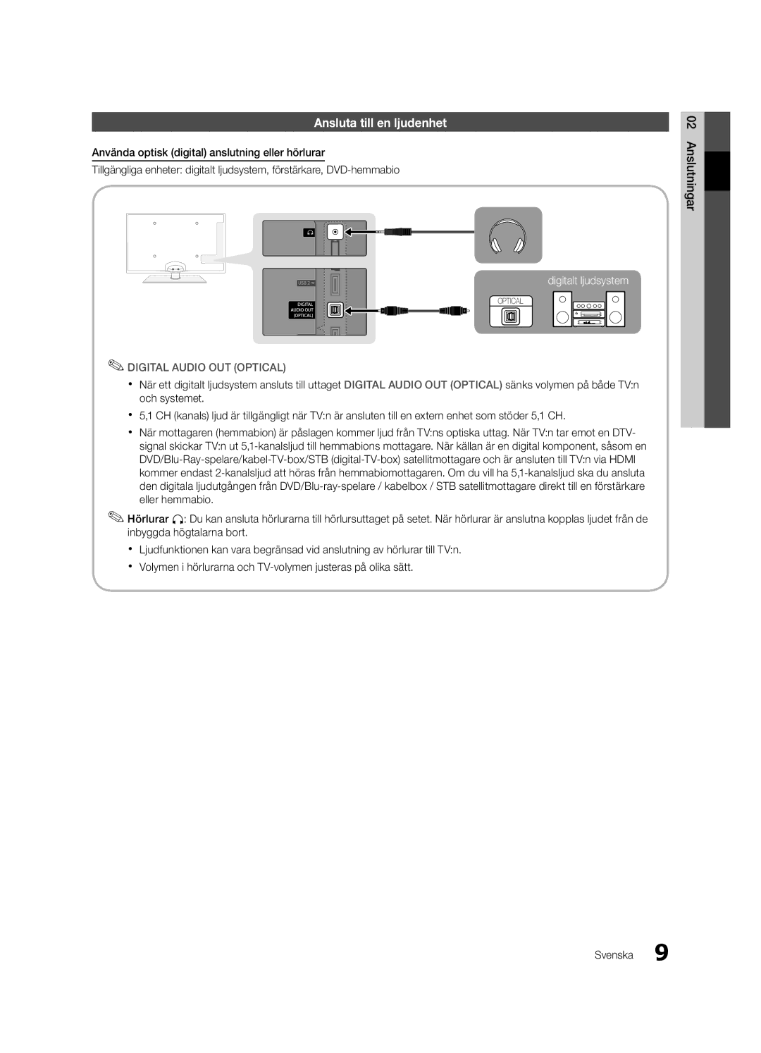 Samsung UE32C6005RWXXE, UE55C6005RWXXE, UE37C6005RWXXE, UE40C6005RWXXE manual Ansluta till en ljudenhet, Anslutningar Svenska 