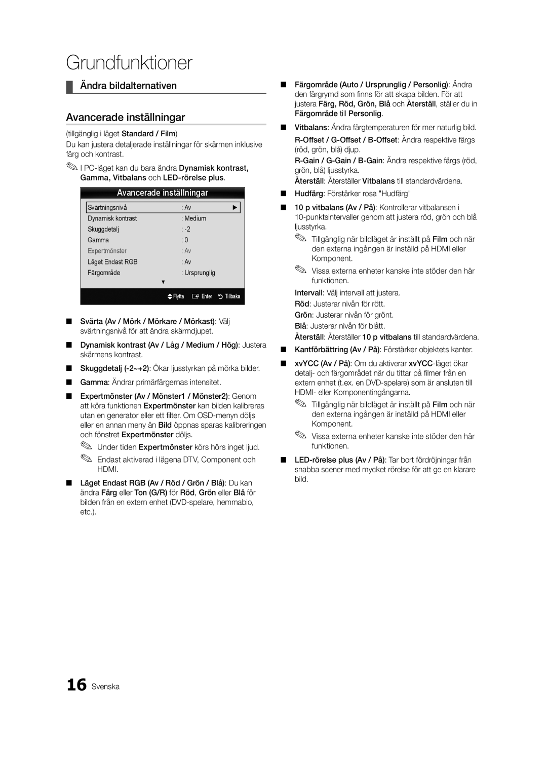 Samsung UE55C6005RWXXE, UE37C6005RWXXE manual Avancerade inställningar, Ändra bildalternativen, Läget Endast RGB Färgområde 