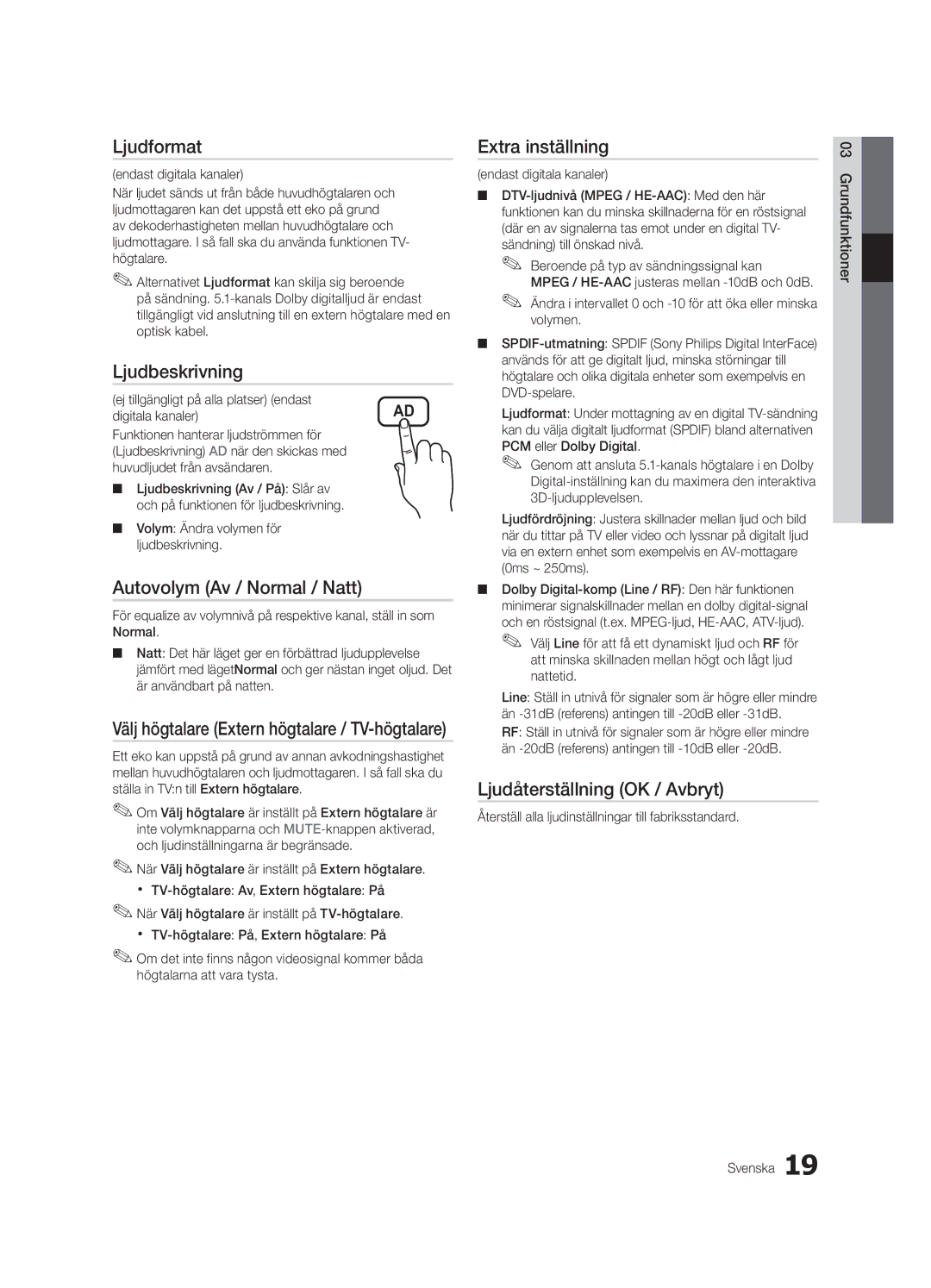 Samsung UE32C6005RWXXE, UE55C6005RWXXE manual Ljudformat, Ljudbeskrivning, Autovolym Av / Normal / Natt, Extra inställning 