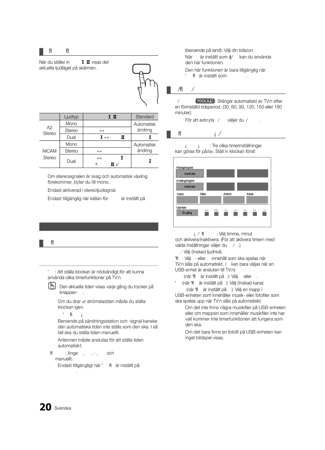 Samsung UE46C6005RWXXE manual Tid, Välja ljudläge, Ställa klockan, Använda sovtimern, Ställa in timern som På / Av 