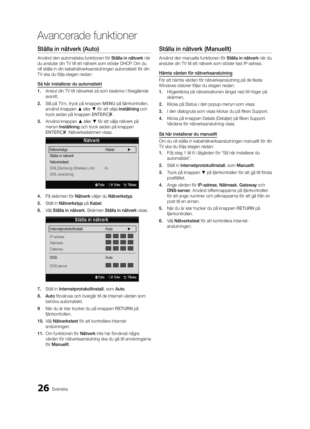 Samsung UE55C6005RWXXE, UE37C6005RWXXE, UE40C6005RWXXE manual Ställa in nätverk Auto, Ställa in nätverk Manuellt, Nätverk 