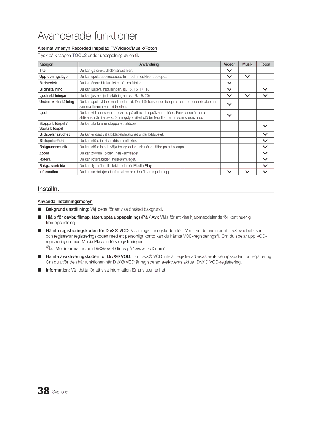 Samsung UE40C6005RWXXE, UE55C6005RWXXE, UE37C6005RWXXE, UE32C6005RWXXE manual Inställn, Samma filnamn som videofilen Ljud 