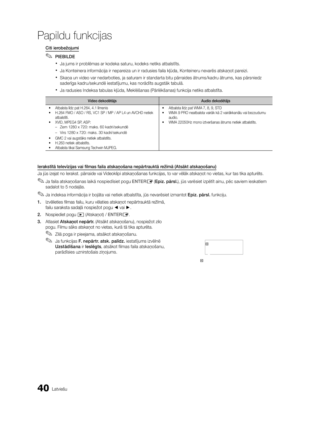 Samsung UE55C6900VSXBT manual Atbalstīti Audio, WMA 22050Hz mono iztveršanas ātrums netiek atbalstīts 