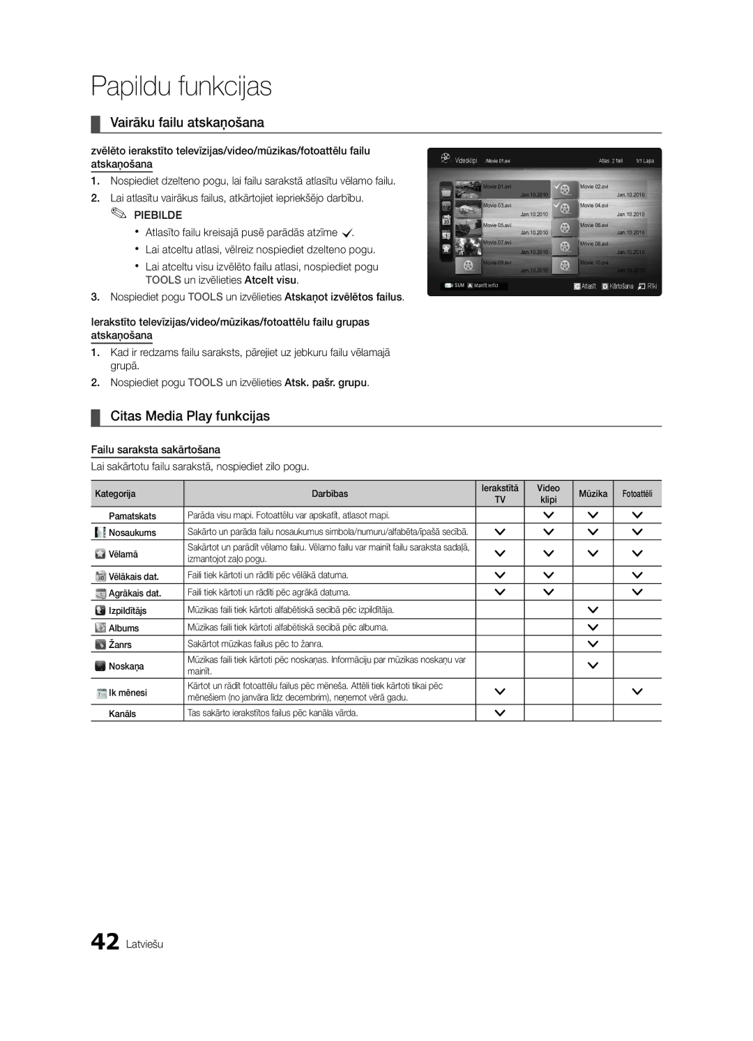 Samsung UE55C6900VSXBT manual Vairāku failu atskaņošana, Citas Media Play funkcijas 