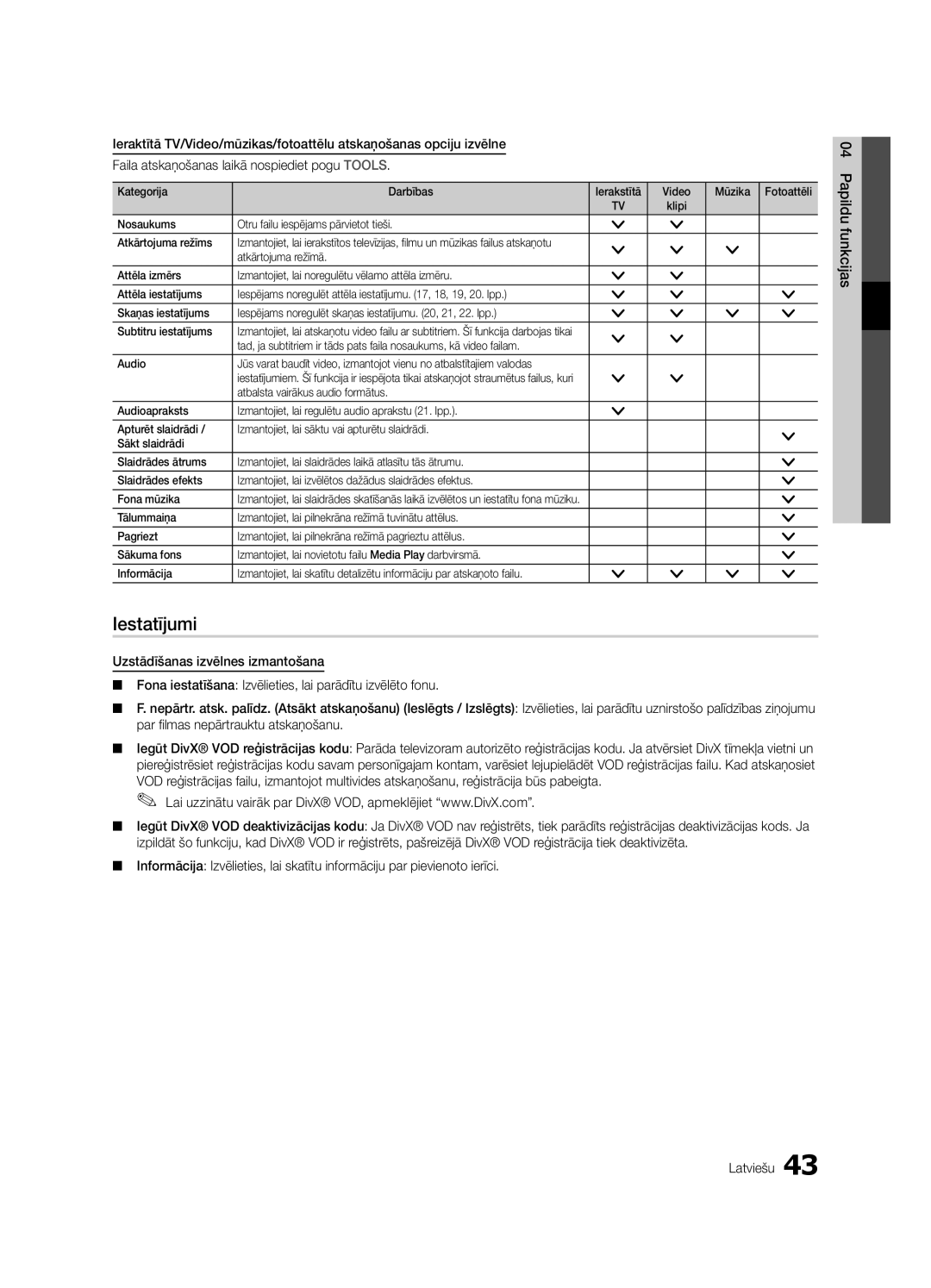 Samsung UE55C6900VSXBT manual Iestatījumi, Kategorija Darbības Ierakstītā Video Mūzika Fotoattēli 