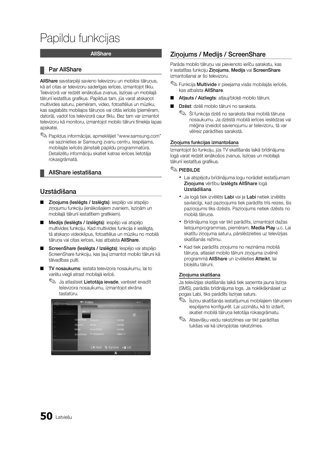 Samsung UE55C6900VSXBT manual Uzstādīšana, Ziņojums / Medijs / ScreenShare, Par AllShare, AllShare iestatīšana 