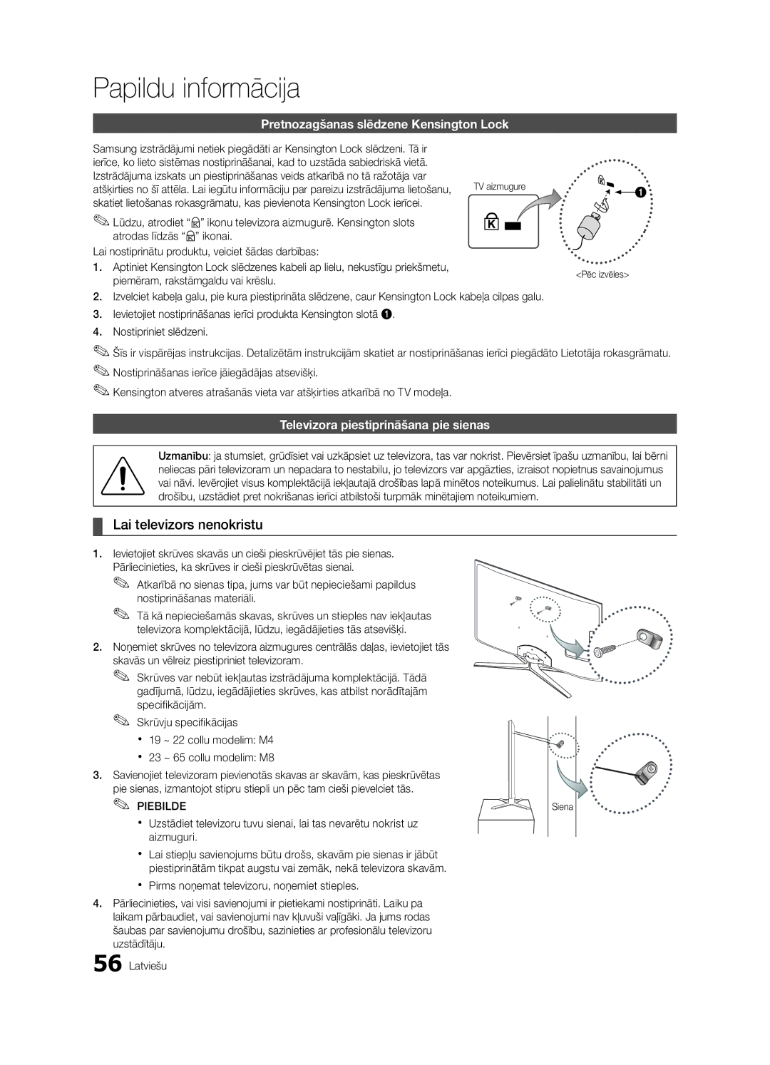 Samsung UE55C6900VSXBT manual Lai televizors nenokristu, Pretnozagšanas slēdzene Kensington Lock, Siena 