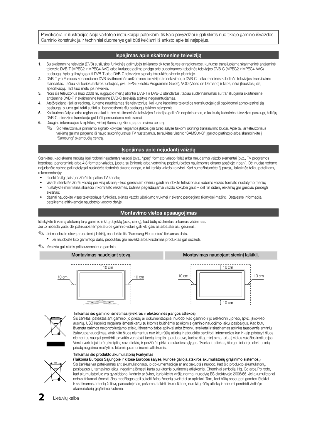 Samsung UE55C6900VSXBT Montavimo vietos apsaugojimas, Montavimas naudojant stovą, Montavimas naudojant sieninį laikiklį 