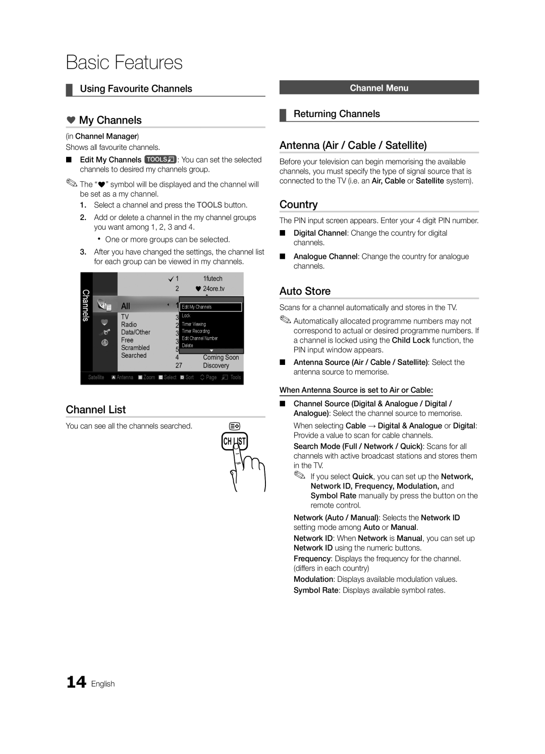 Samsung UE55C6900VSXBT manual My Channels, Channel List, Antenna Air / Cable / Satellite, Country, Auto Store 