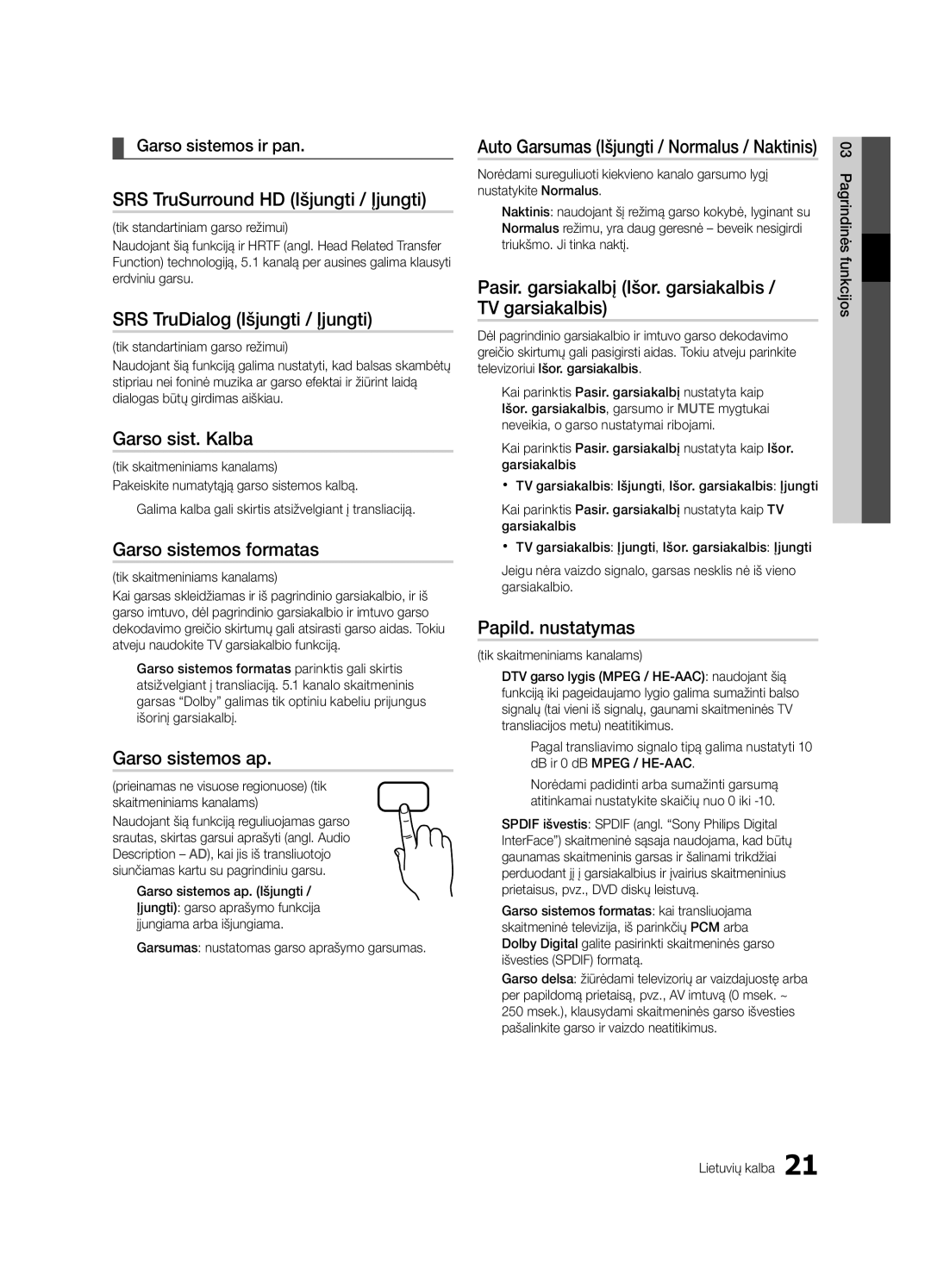 Samsung UE55C6900VSXBT manual SRS TruSurround HD Išjungti / Įjungti, SRS TruDialog Išjungti / Įjungti, Garso sist. Kalba 