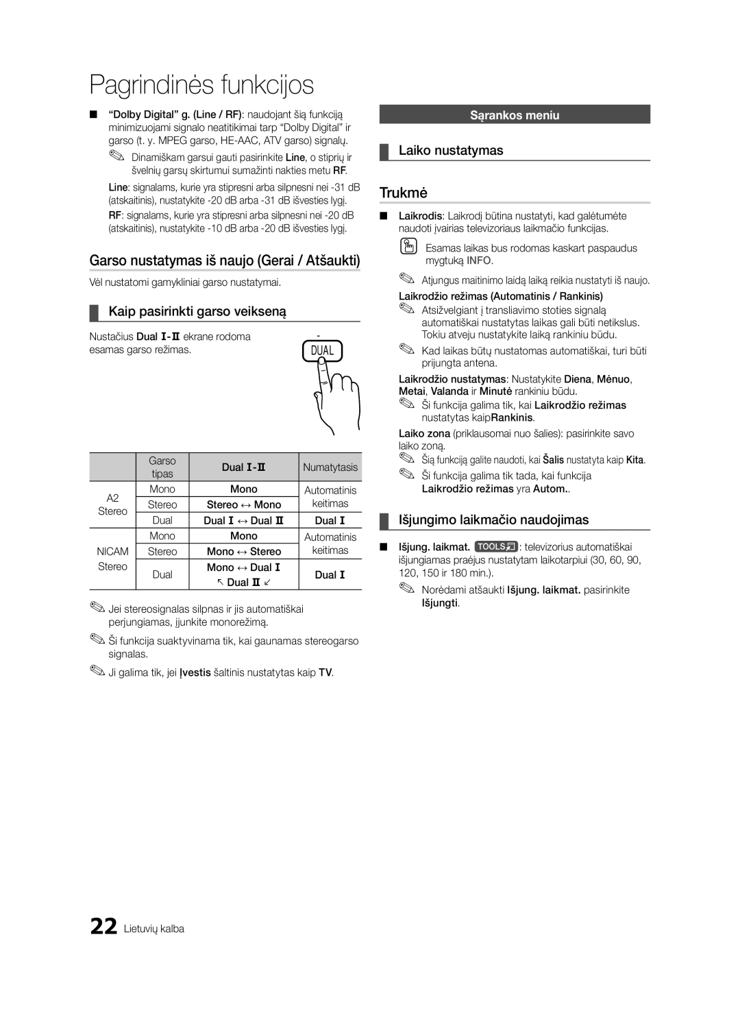 Samsung UE55C6900VSXBT manual Trukmė, Kaip pasirinkti garso veikseną, Laiko nustatymas, Išjungimo laikmačio naudojimas 