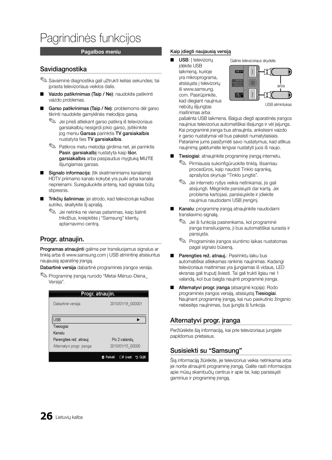 Samsung UE55C6900VSXBT manual Savidiagnostika, Progr. atnaujin, Alternatyvi progr. įranga, Susisiekti su Samsung 