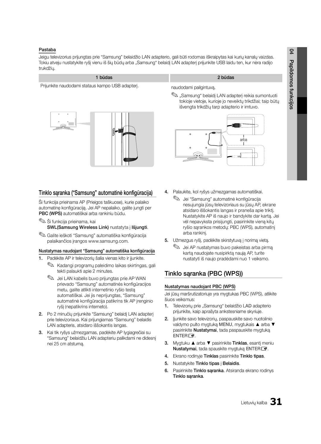 Samsung UE55C6900VSXBT manual Tinklo sąranka Samsung automatinė konfigūracija, Tinklo sąranka PBC WPS 