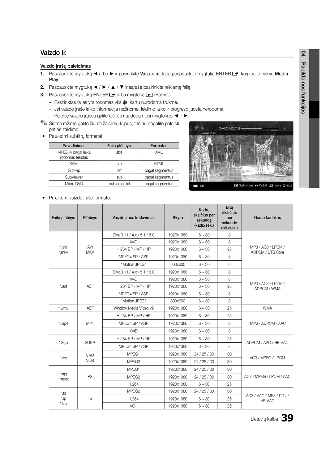 Samsung UE55C6900VSXBT manual Vaizdo įr, Yy Palaikomi vaizdo įrašo formatai 