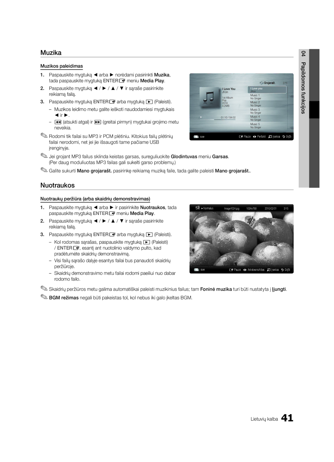 Samsung UE55C6900VSXBT manual Muzika, Nuotraukos 