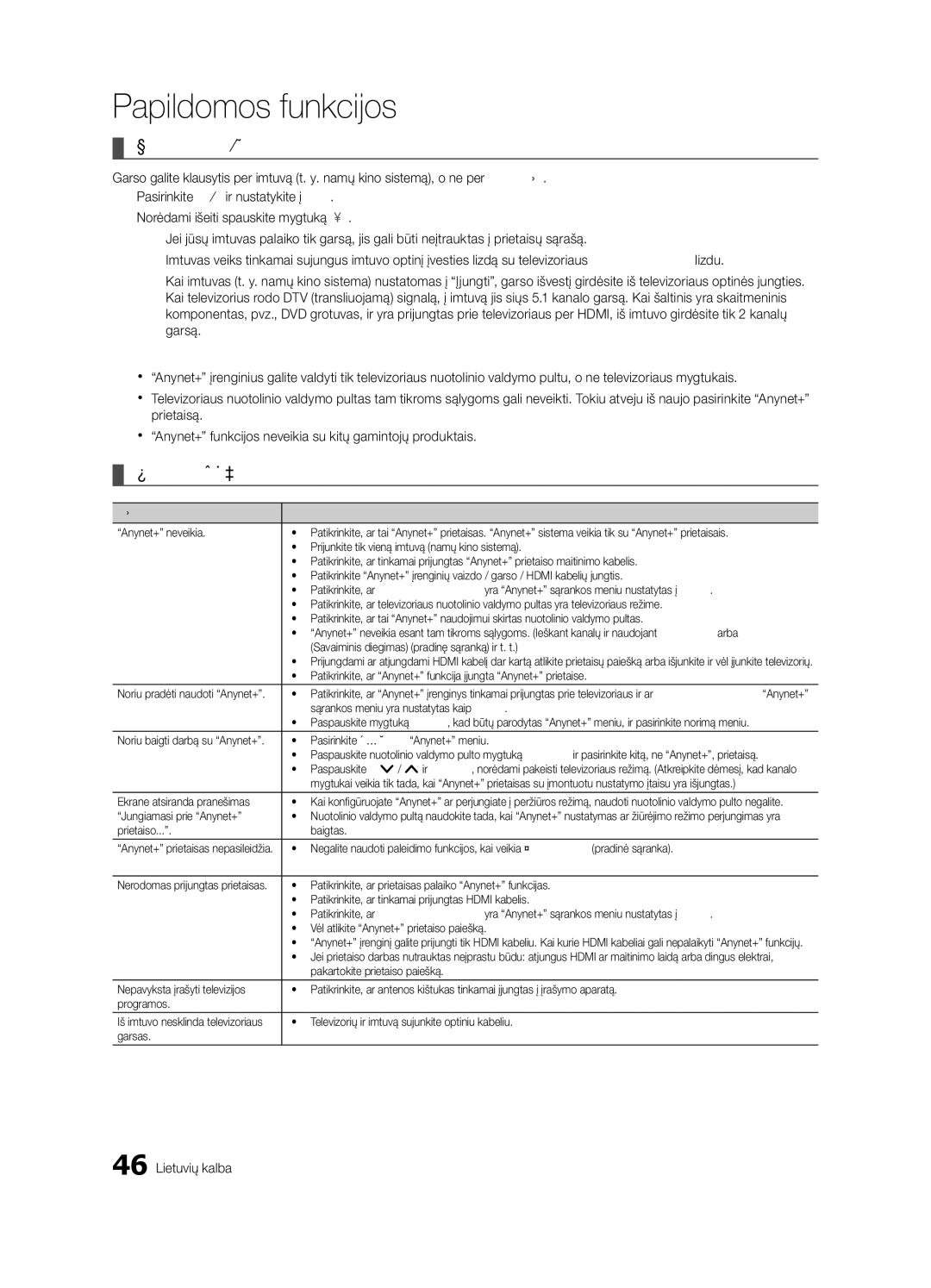 Samsung UE55C6900VSXBT manual Klausymasis per imtuvą, Anynet+ trikčių šalinimas 