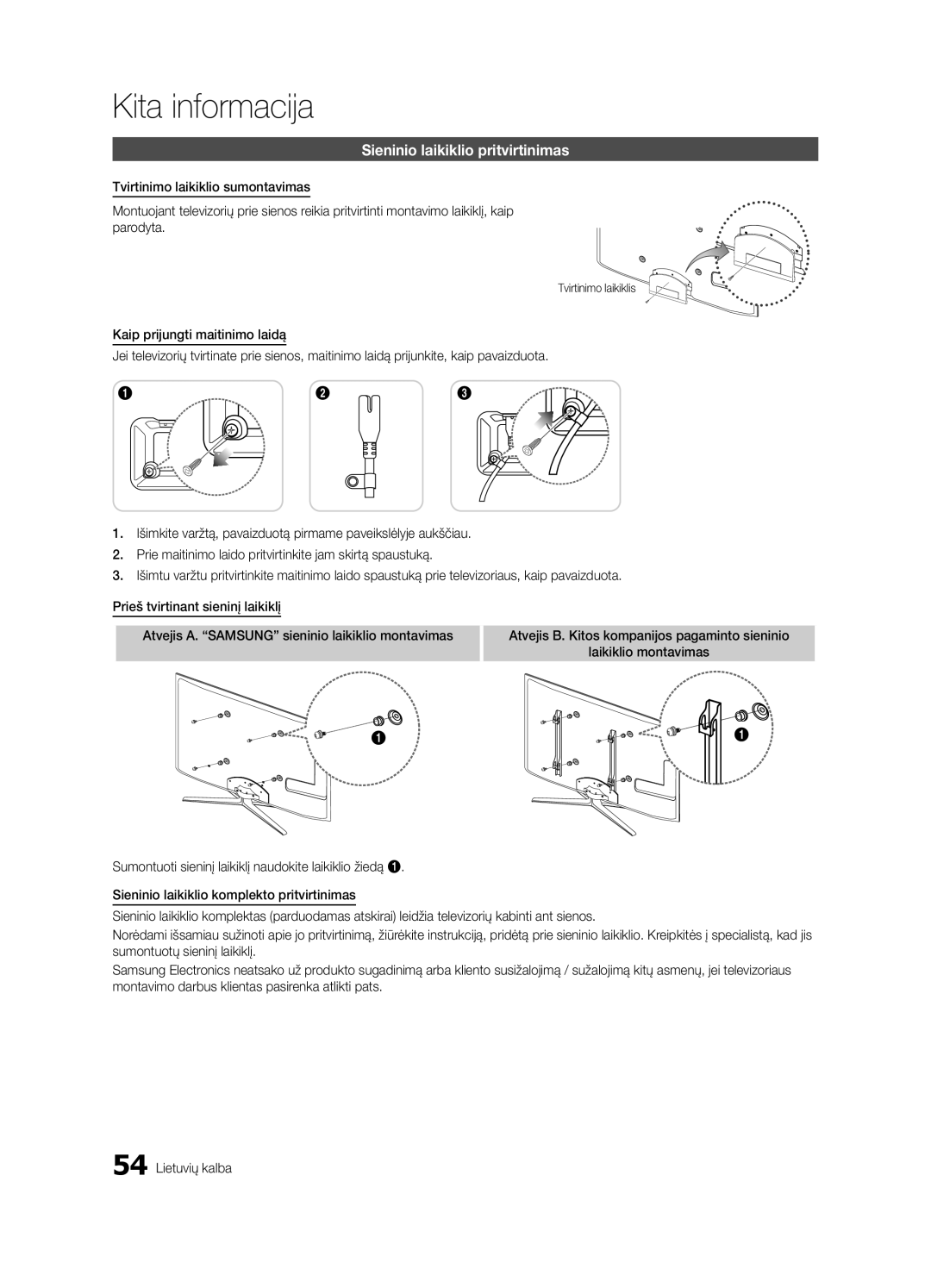 Samsung UE55C6900VSXBT manual Sieninio laikiklio pritvirtinimas, Tvirtinimo laikiklis 