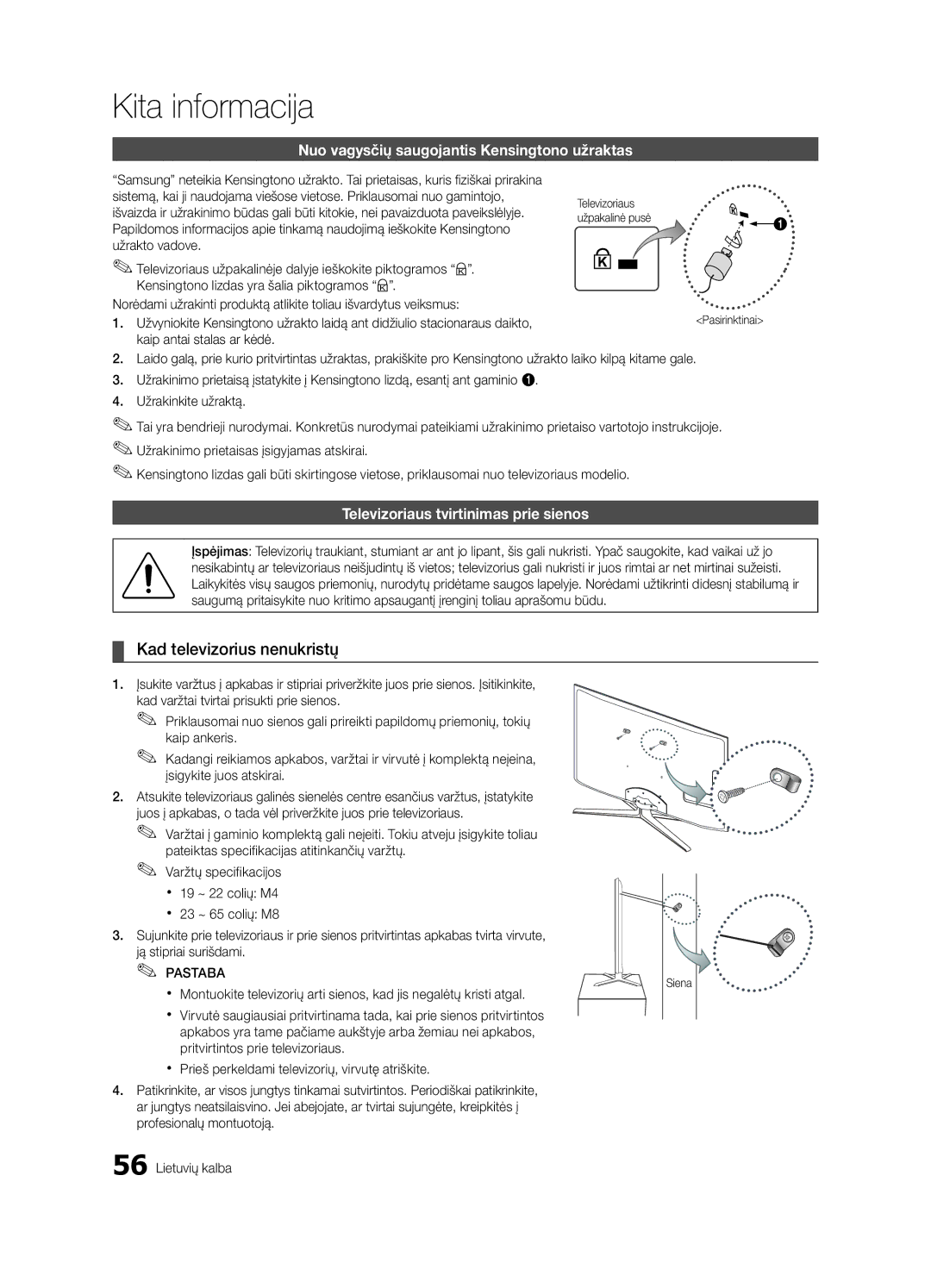 Samsung UE55C6900VSXBT manual Kad televizorius nenukristų, Nuo vagysčių saugojantis Kensingtono užraktas 