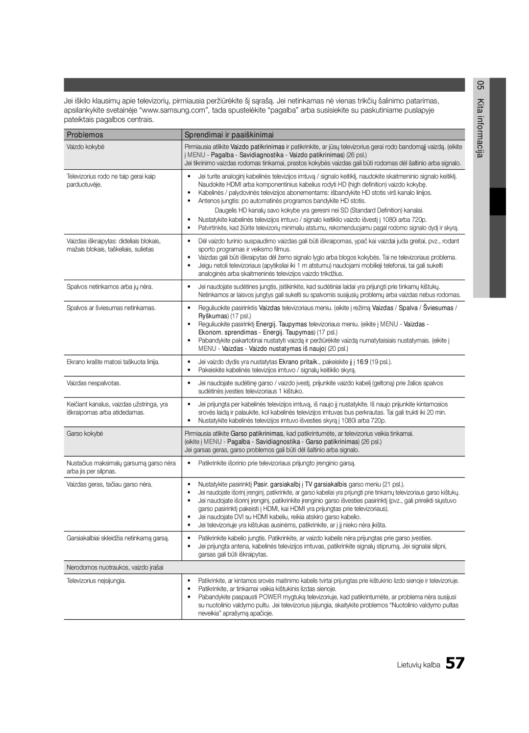 Samsung UE55C6900VSXBT manual Diagnostika, Problemos Sprendimai ir paaiškinimai, Kitainformacija Lietuvių kalba 