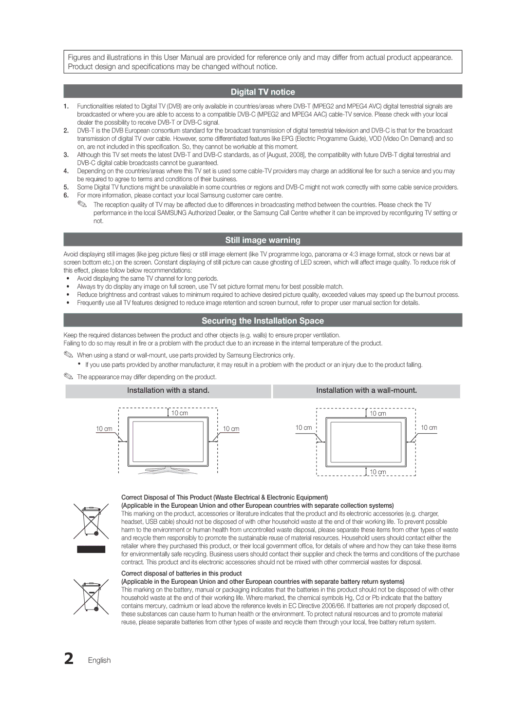 Samsung UE55C6900VSXBT manual Installation with a wall-mount, English, 10 cm 