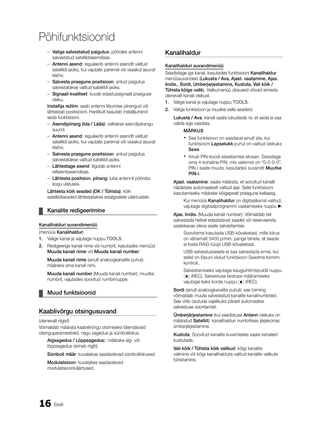 Samsung UE55C6900VSXBT manual Kaablivõrgu otsingusuvand, Kanalite redigeerimine, Muud funktsioonid, Olenevalt riigist 