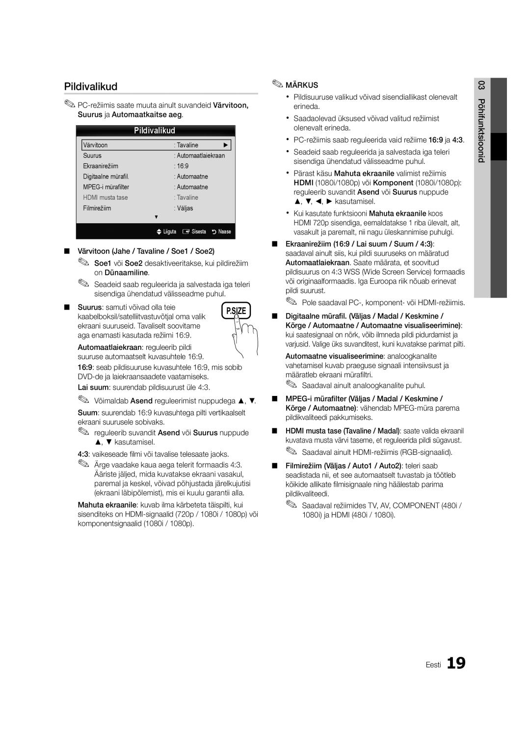 Samsung UE55C6900VSXBT manual Pildivalikud, Suurus samuti võivad olla teie, Kaabelboksil/satelliitvastuvõtjal oma valik 