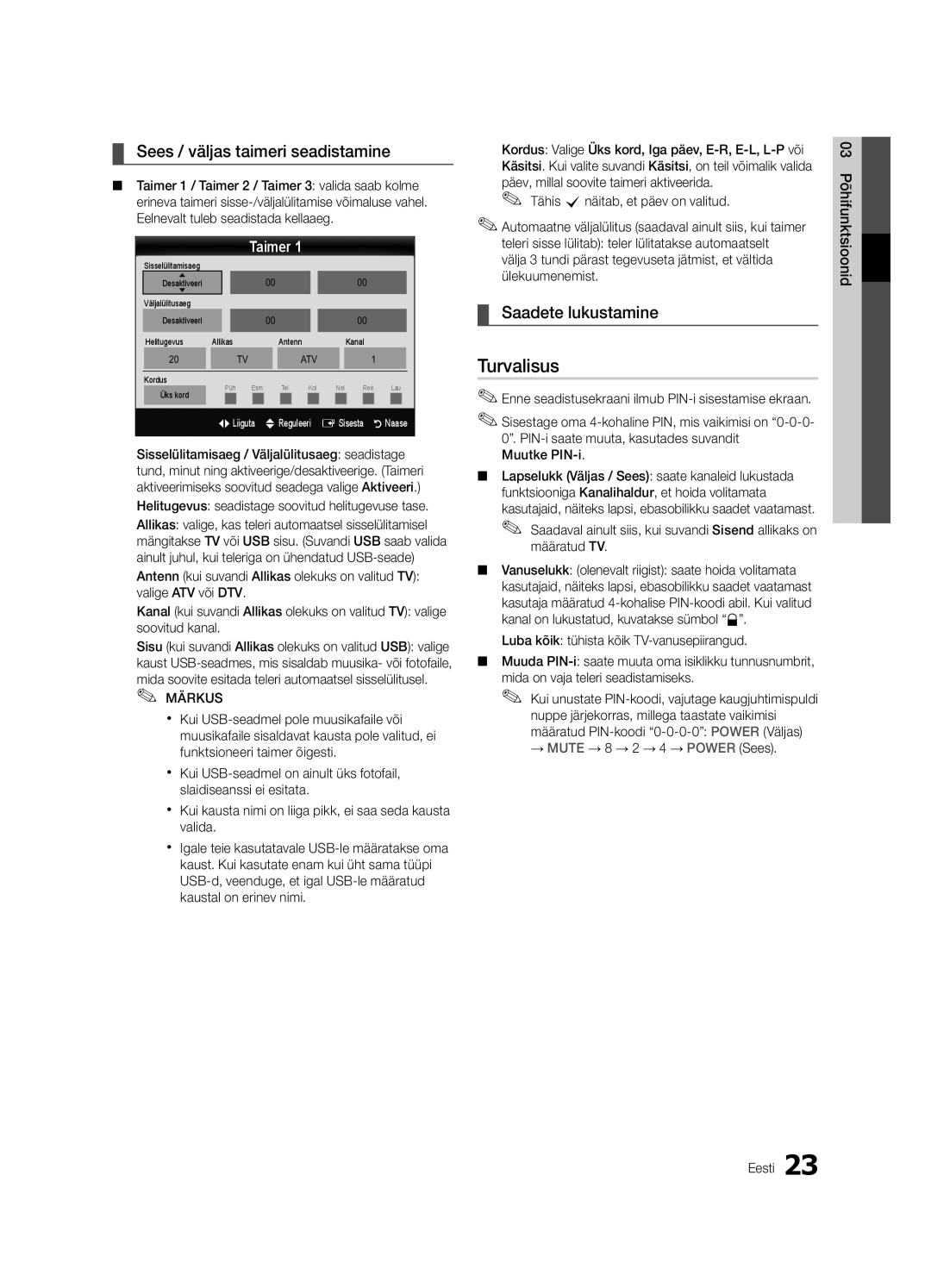 Samsung UE55C6900VSXBT manual Turvalisus, Sees / väljas taimeri seadistamine, Saadete lukustamine, Taimer 