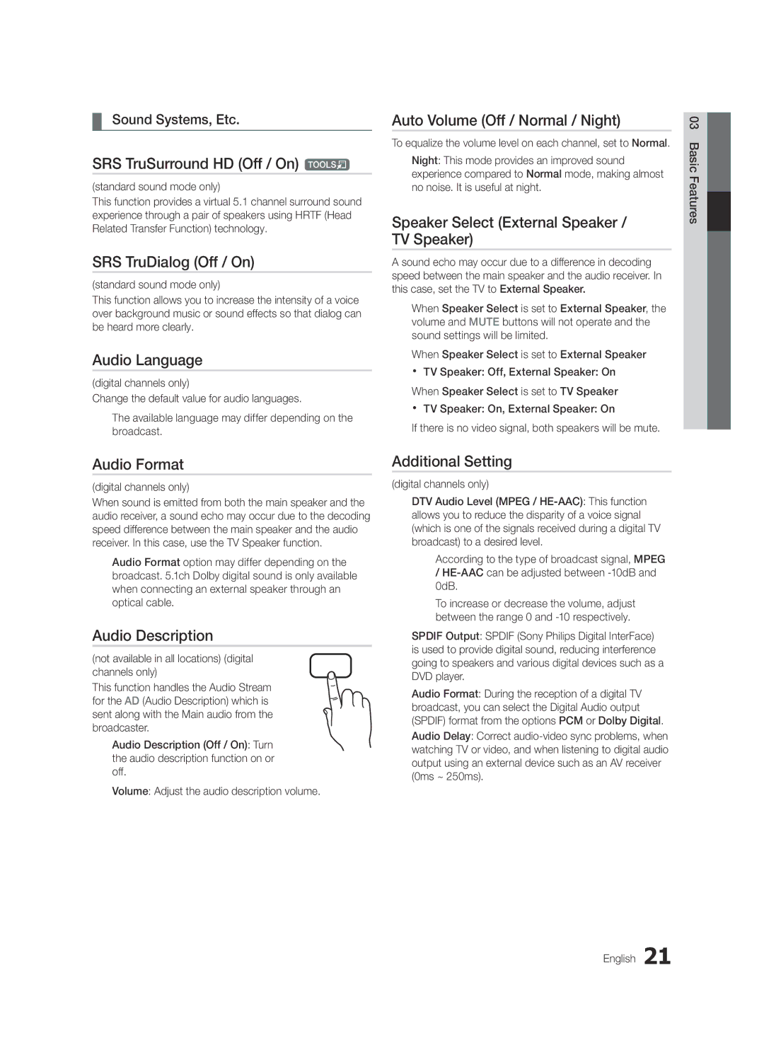 Samsung UE55C6900VSXBT manual SRS TruSurround HD Off / On t, SRS TruDialog Off / On, Audio Language, Audio Format 