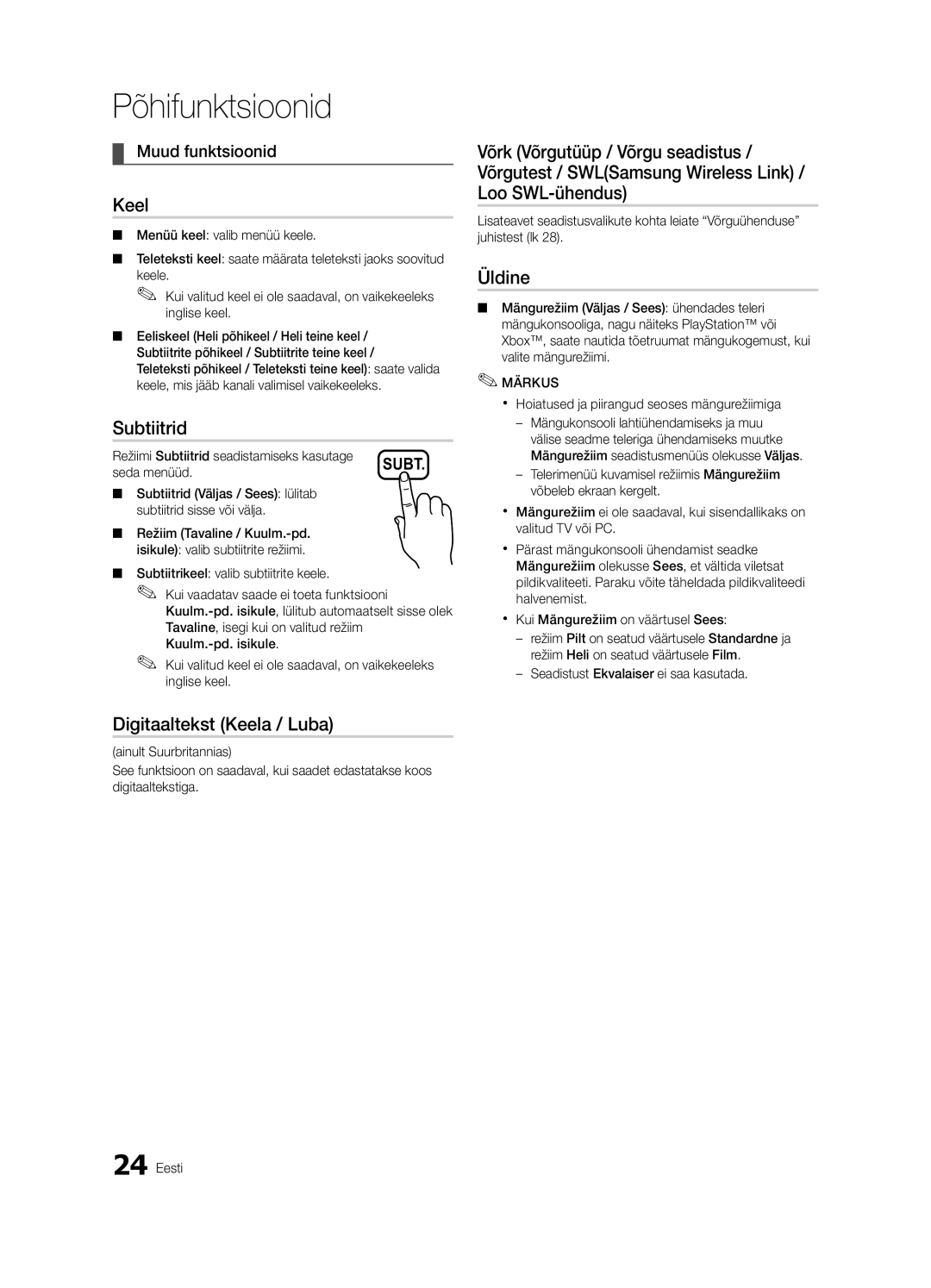 Samsung UE55C6900VSXBT manual Subtiitrid, Digitaaltekst Keela / Luba, Üldine 