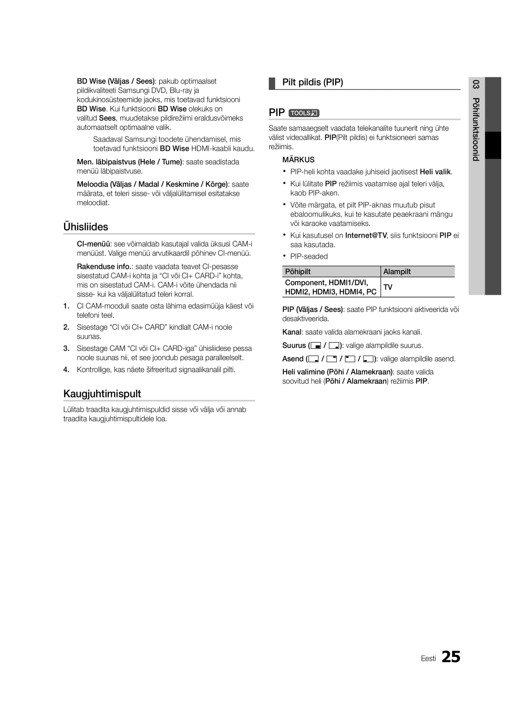 Samsung UE55C6900VSXBT manual Ühisliides, Kaugjuhtimispult, Pilt pildis PIP 