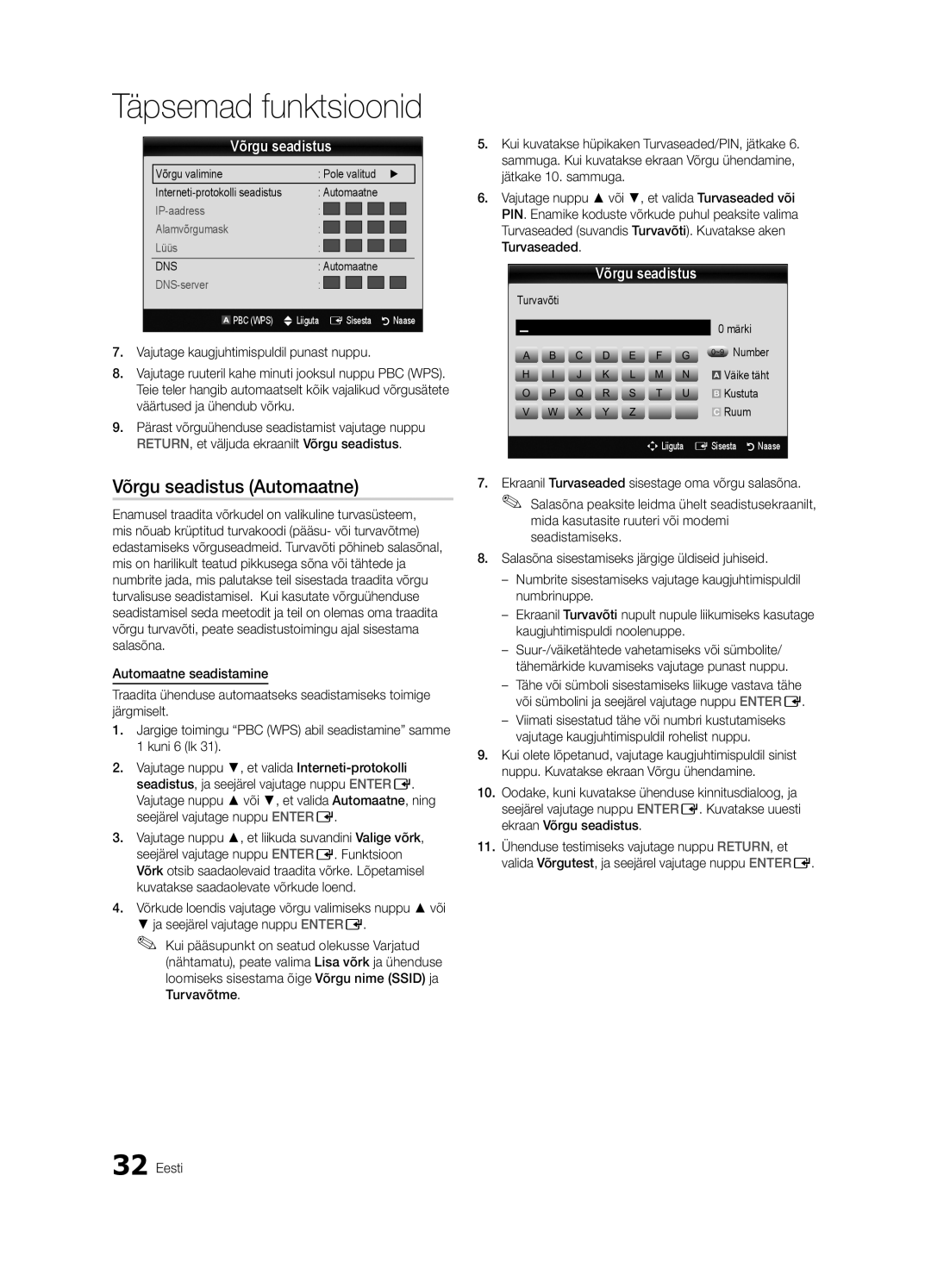 Samsung UE55C6900VSXBT manual Võrgu seadistus, Turvavõti Märki ~9 Number Väike täht 