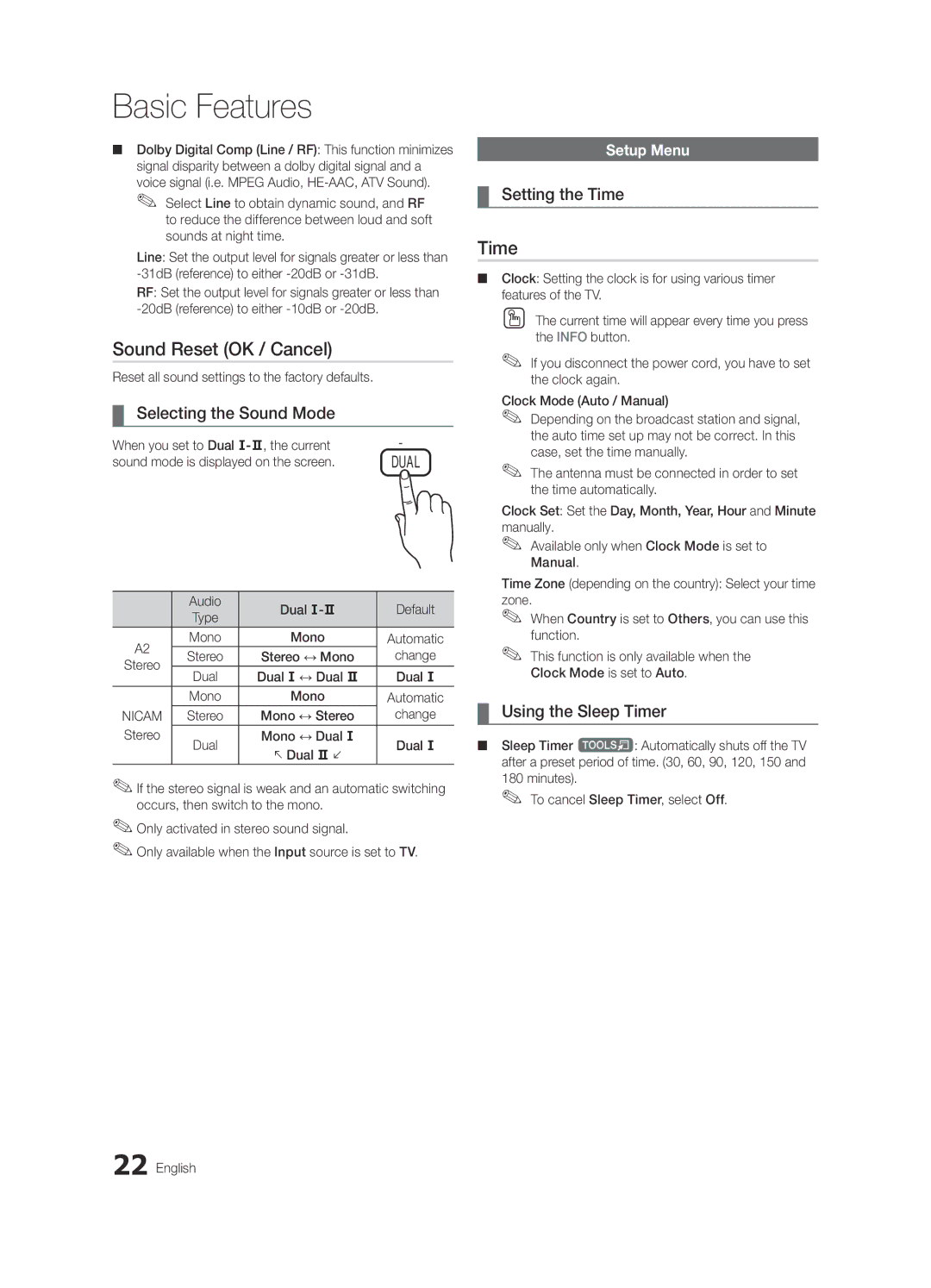 Samsung UE55C6900VSXBT manual Sound Reset OK / Cancel, Setting the Time, Using the Sleep Timer, Setup Menu 