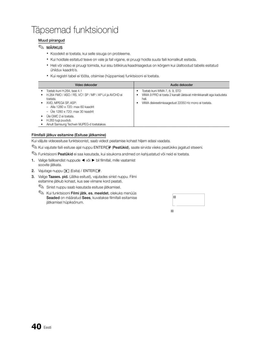 Samsung UE55C6900VSXBT manual Toetata Heli, WMA diskreetimissagedust 22050 Hz mono ei toetata 