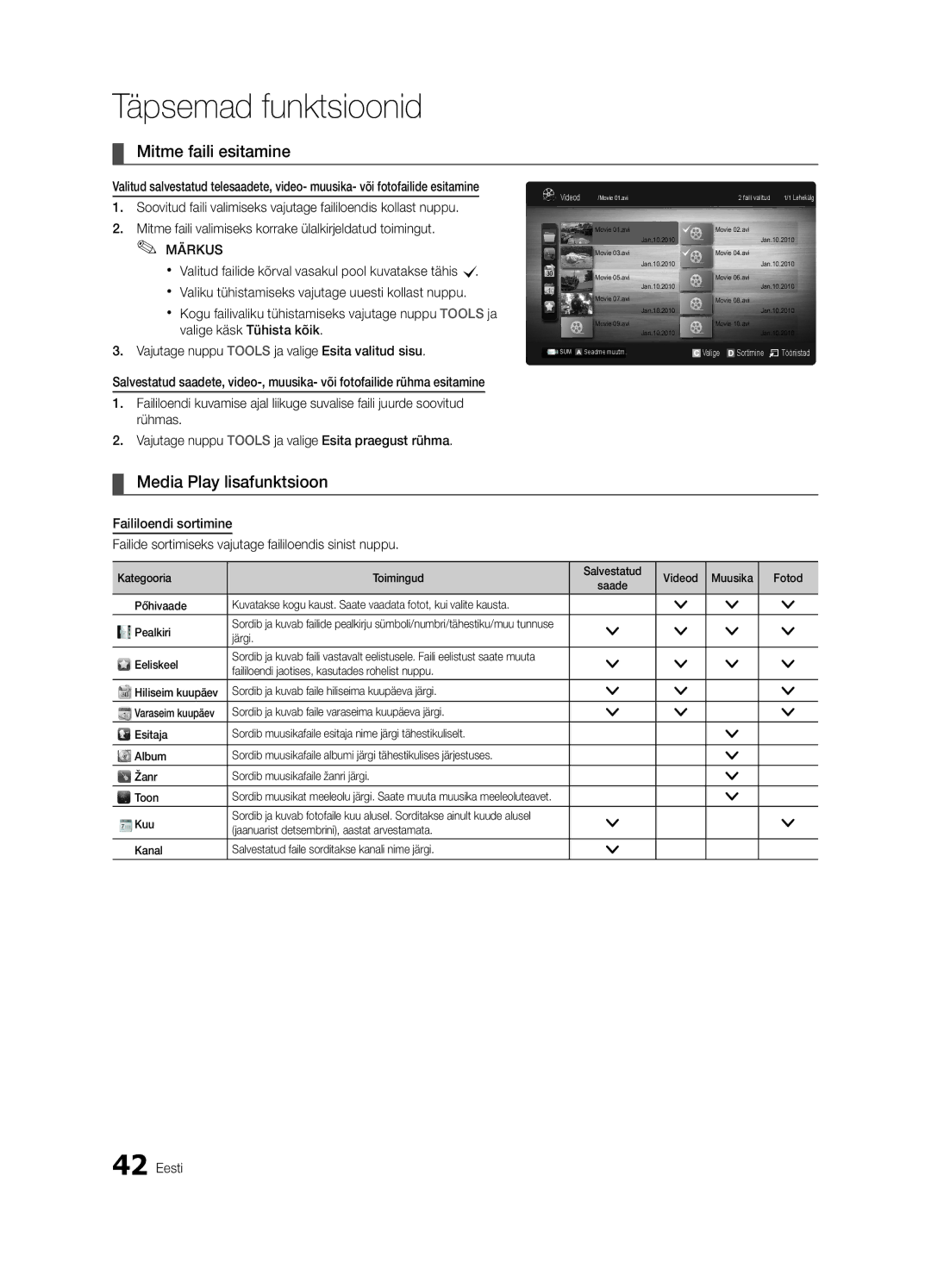 Samsung UE55C6900VSXBT manual Mitme faili esitamine, Media Play lisafunktsioon 