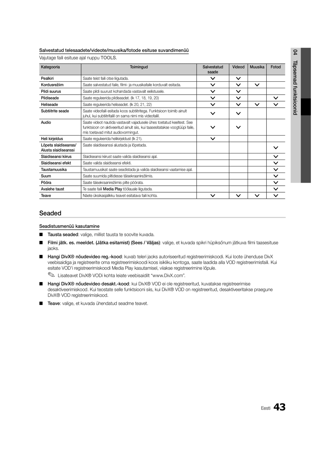 Samsung UE55C6900VSXBT manual Seaded, Pealkiri Saate teist faili otse liigutada Kordusrežiim 